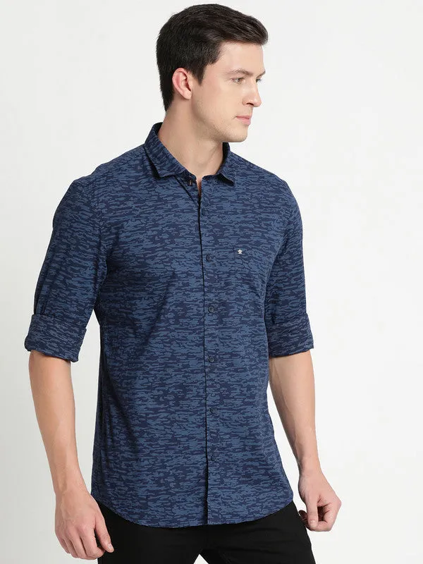 Turtle Men Navy Blue Cotton Printed Slim Fit Casual Shirts
