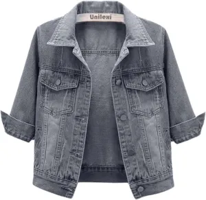 Unilexi Women's 3/4 Sleeve Colored Cropped Denim Jacket Light Wash Short Jean Jacket Trucker Coat