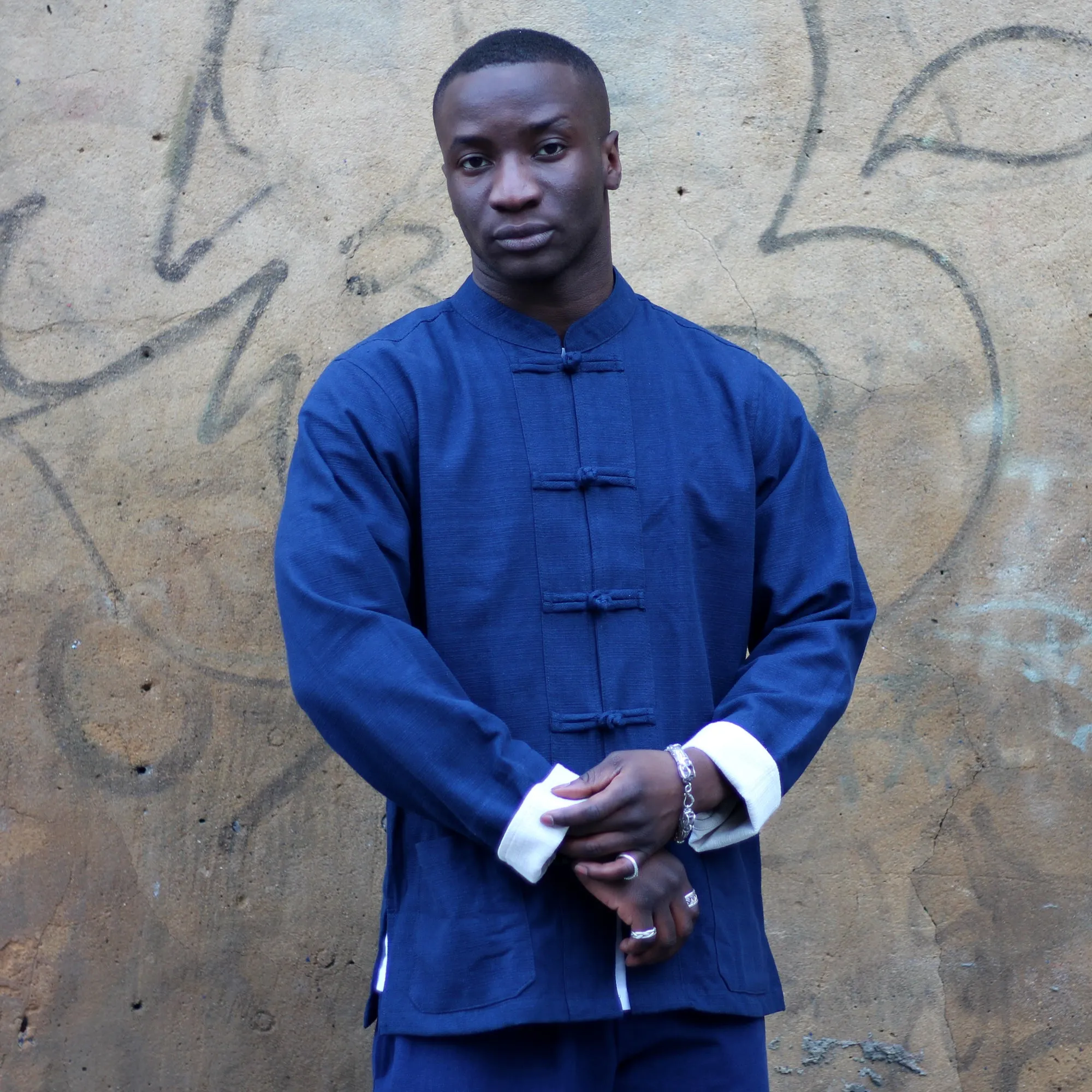 Unisex Fairtrade Ribbed Cotton Mandarin Jacket / Shirt Navy Blue