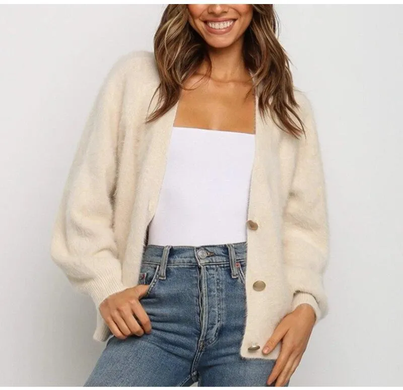 V Neck Cardigans Women Casual Ladies Long Sleeve Single Breasted