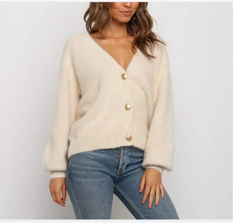 V Neck Cardigans Women Casual Ladies Long Sleeve Single Breasted