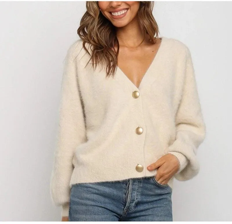 V Neck Cardigans Women Casual Ladies Long Sleeve Single Breasted