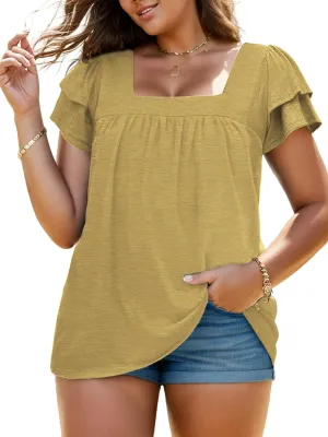 VISLILY Plus-Size-Summer-Tops for Women Petal Short Sleeve T Shirts Square Neck Tunics Flowy Pleated Blouses XL-5XL