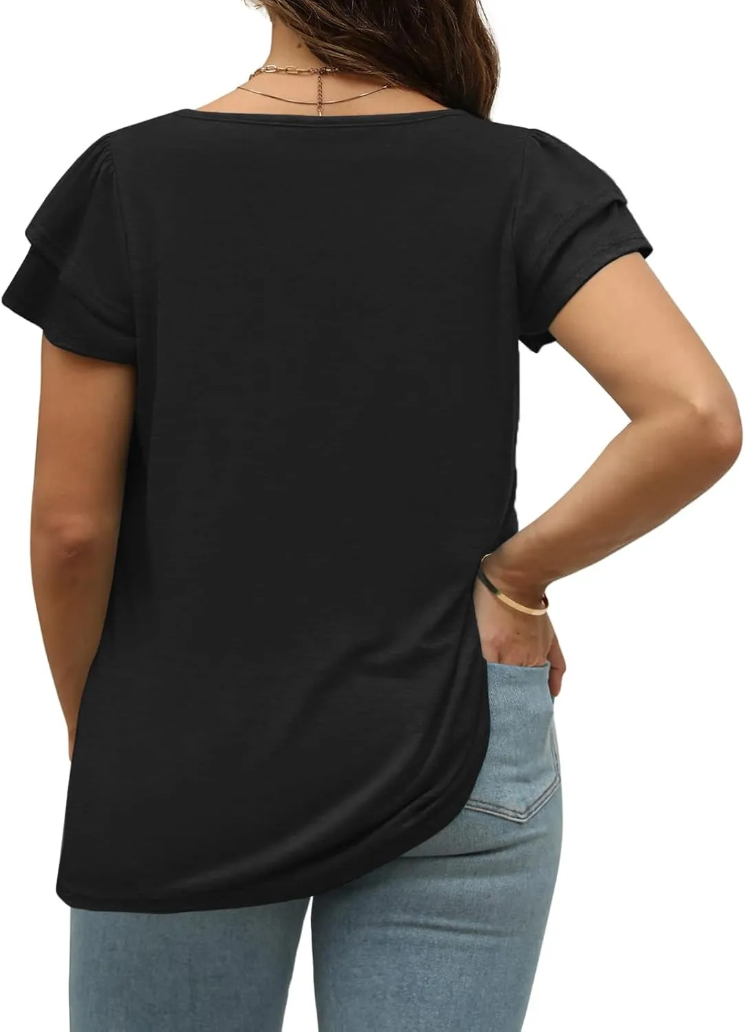 VISLILY Plus-Size-Summer-Tops for Women Petal Short Sleeve T Shirts Square Neck Tunics Flowy Pleated Blouses XL-5XL