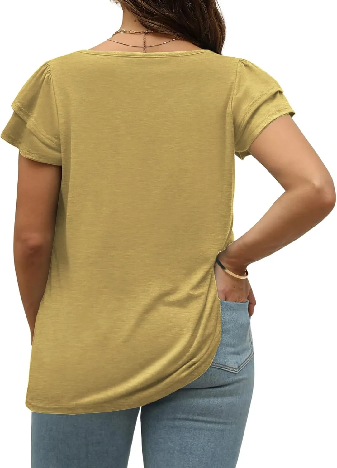 VISLILY Plus-Size-Summer-Tops for Women Petal Short Sleeve T Shirts Square Neck Tunics Flowy Pleated Blouses XL-5XL