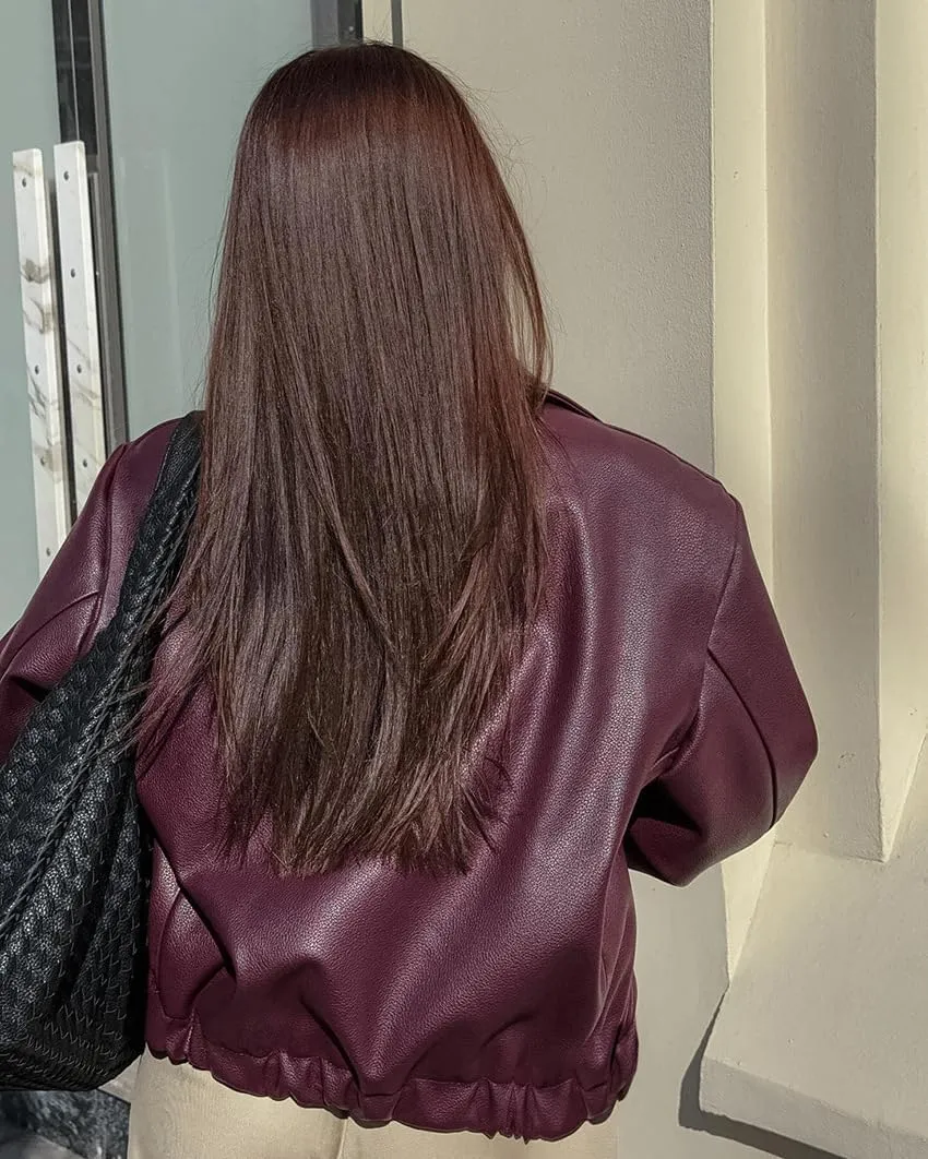 VOIKERDR Faux Leather Jacket Women Burgundy Zip Up Jackets Trendy Motorcycle Jacket Outerwear