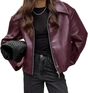 VOIKERDR Faux Leather Jacket Women Burgundy Zip Up Jackets Trendy Motorcycle Jacket Outerwear