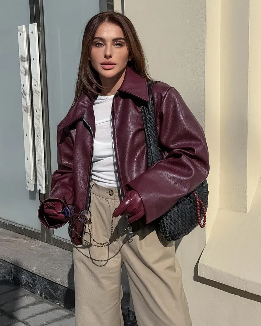 VOIKERDR Faux Leather Jacket Women Burgundy Zip Up Jackets Trendy Motorcycle Jacket Outerwear