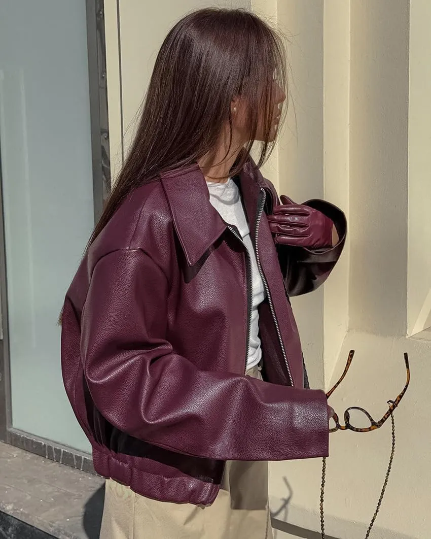 VOIKERDR Faux Leather Jacket Women Burgundy Zip Up Jackets Trendy Motorcycle Jacket Outerwear