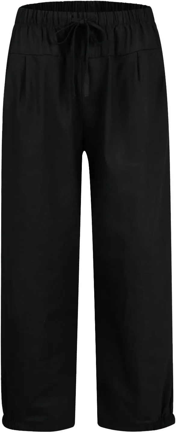 Wide Leg Linen Pants for Women Casual Elastic High Waisted Summer Cropped Pants with Pockets Loose Fit Beach Trouser