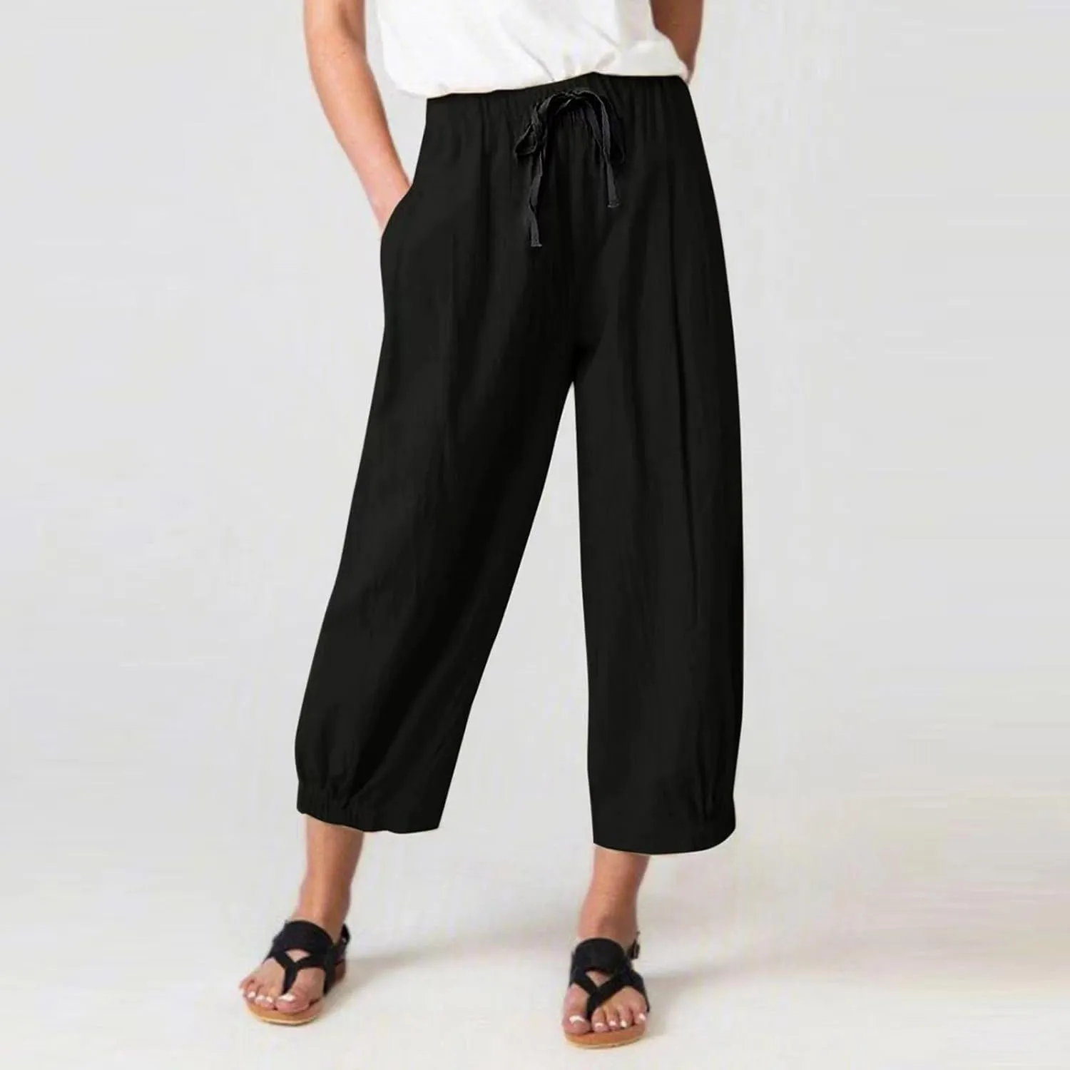 Wide Leg Linen Pants for Women Casual Elastic High Waisted Summer Cropped Pants with Pockets Loose Fit Beach Trouser