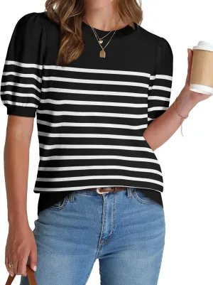 WIHOLL Women's Puff Short Sleeve Sweater 2025 Spring Summer Tops Trendy Business Casual Outfits Work Blouses Clothes