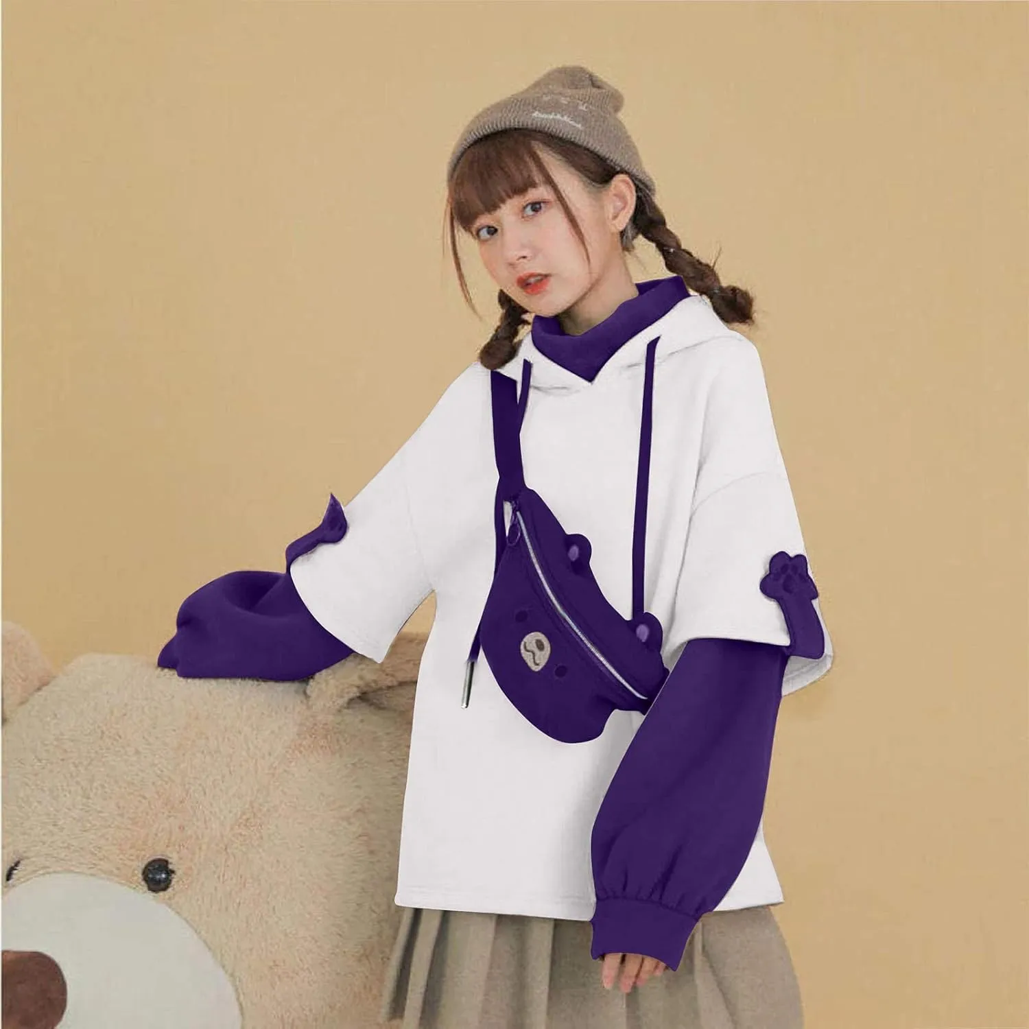 Wkishenl Cute Bear Hoodies for Womens Kawaii Clothes Long Sleeve Aesthetic Sweatshirts Patchwork Shirts with Personality Bag