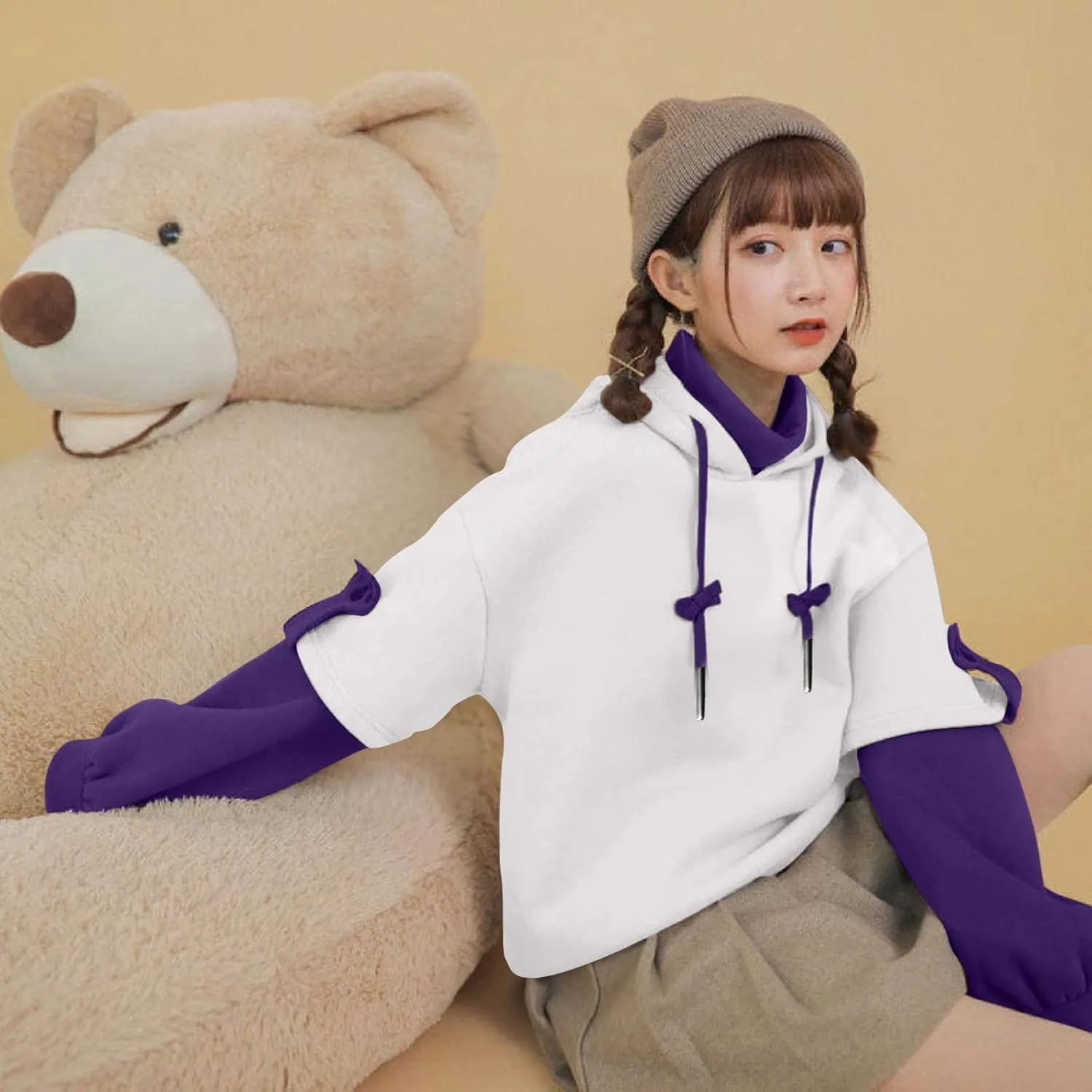 Wkishenl Cute Bear Hoodies for Womens Kawaii Clothes Long Sleeve Aesthetic Sweatshirts Patchwork Shirts with Personality Bag
