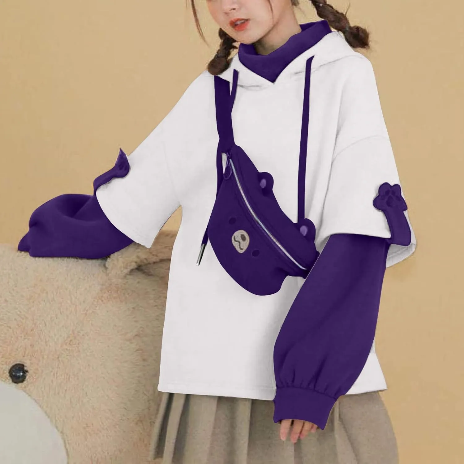 Wkishenl Cute Bear Hoodies for Womens Kawaii Clothes Long Sleeve Aesthetic Sweatshirts Patchwork Shirts with Personality Bag