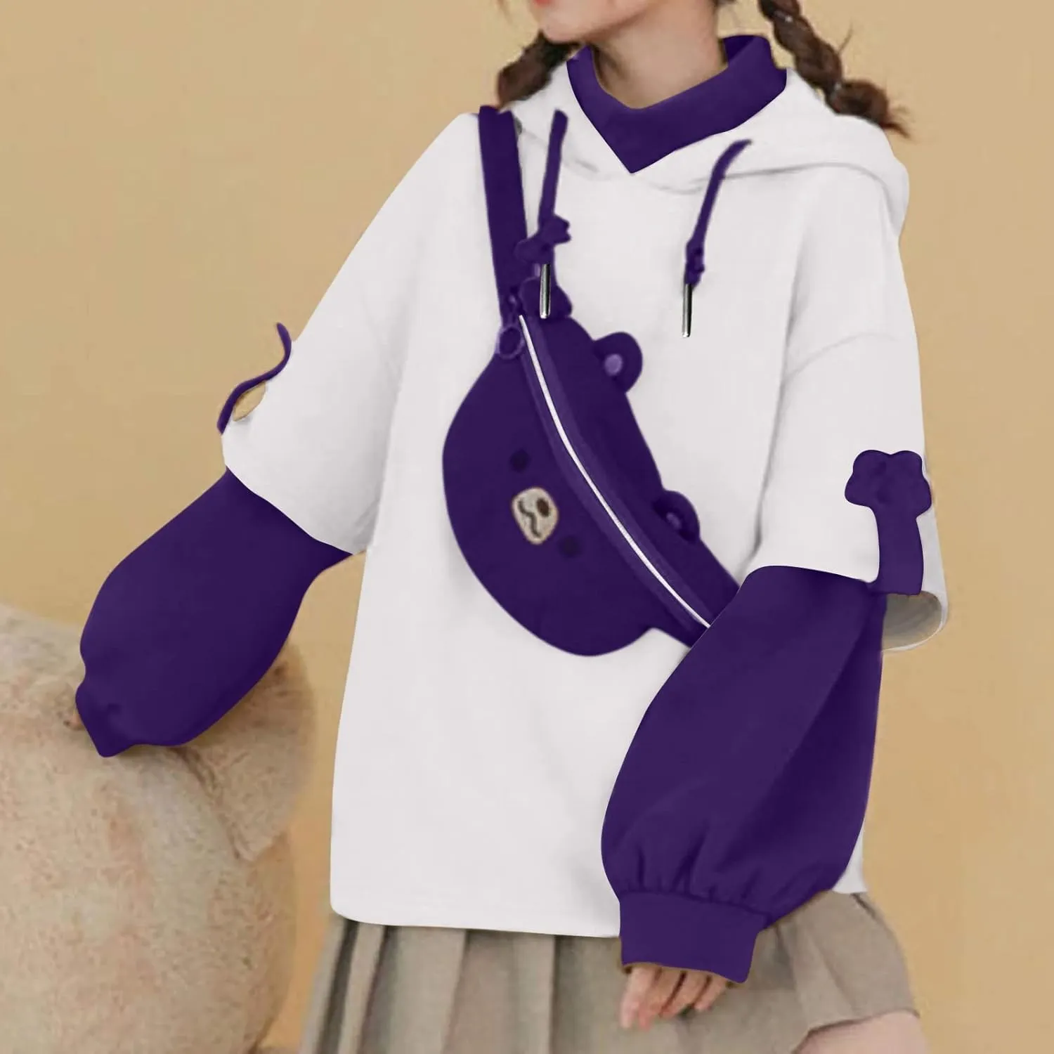 Wkishenl Cute Bear Hoodies for Womens Kawaii Clothes Long Sleeve Aesthetic Sweatshirts Patchwork Shirts with Personality Bag