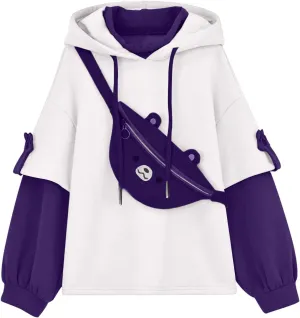 Wkishenl Cute Bear Hoodies for Womens Kawaii Clothes Long Sleeve Aesthetic Sweatshirts Patchwork Shirts with Personality Bag