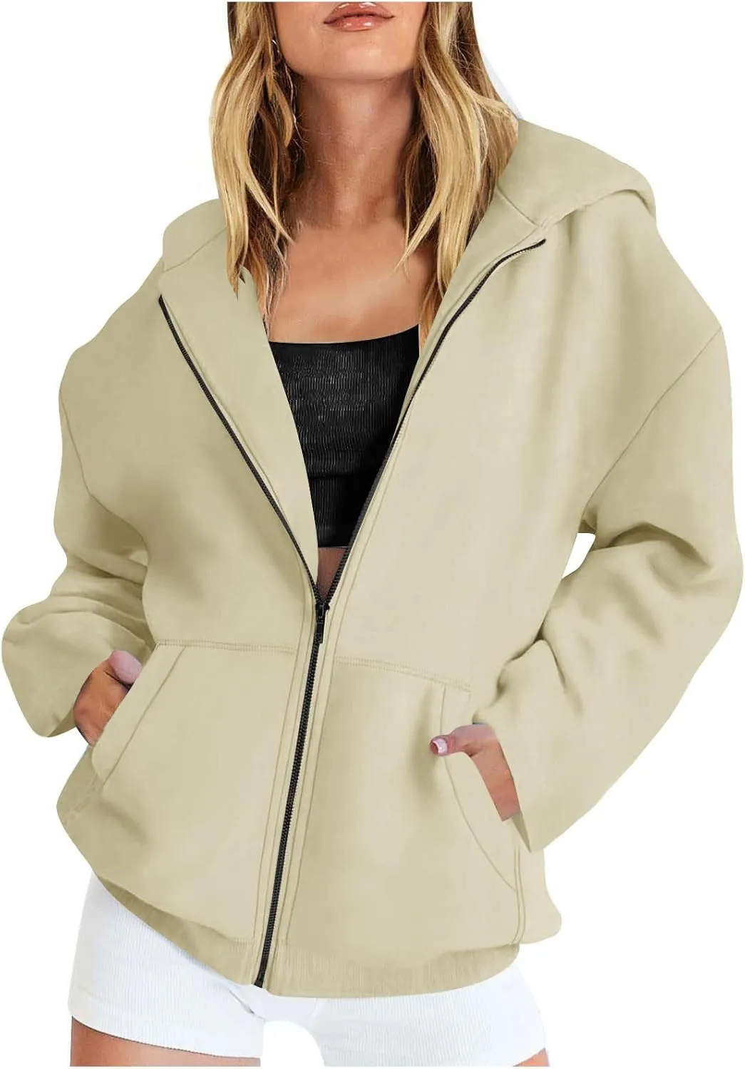 Women Full Zipper Oversized Hooded Sweatshirts Long Sleeve Drop Shoulder Hoodies Trendy Casual Pullover Y2K Clothes