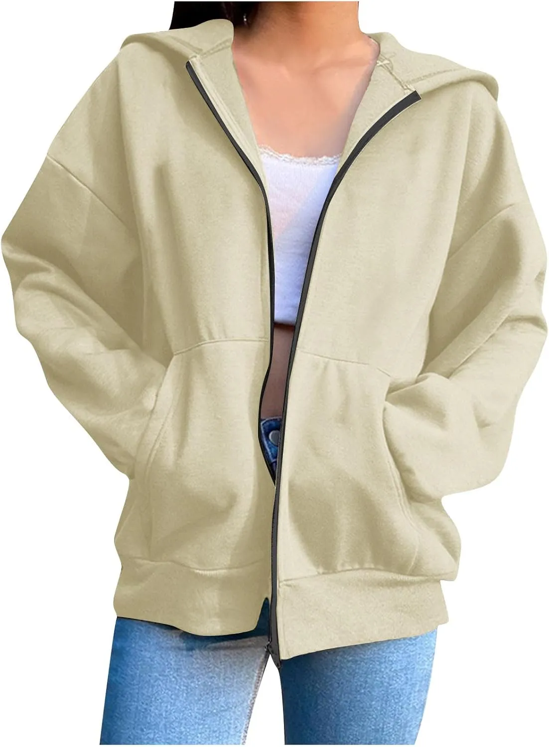 Women Full Zipper Oversized Hooded Sweatshirts Long Sleeve Drop Shoulder Hoodies Trendy Casual Pullover Y2K Clothes
