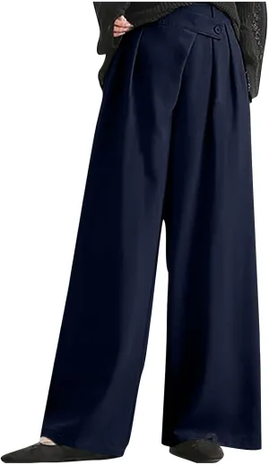 Women High Waist Casual Wide Leg Long Palazzo Pants Trousers Plus Size Irregular Belt Button Work Dress Pants