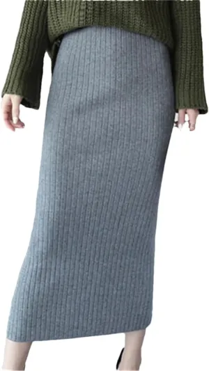 Women Midi Knitted Woolen Skirt Black Elastic Slim Office Lady Pencil Skirts
