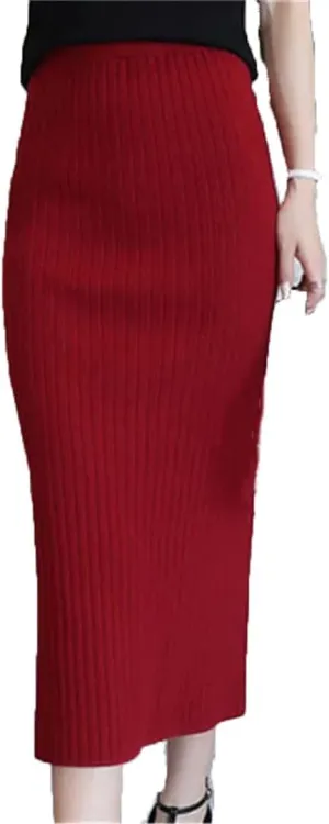 Women Midi Knitted Woolen Skirt Black Elastic Slim Office Lady Pencil Skirts