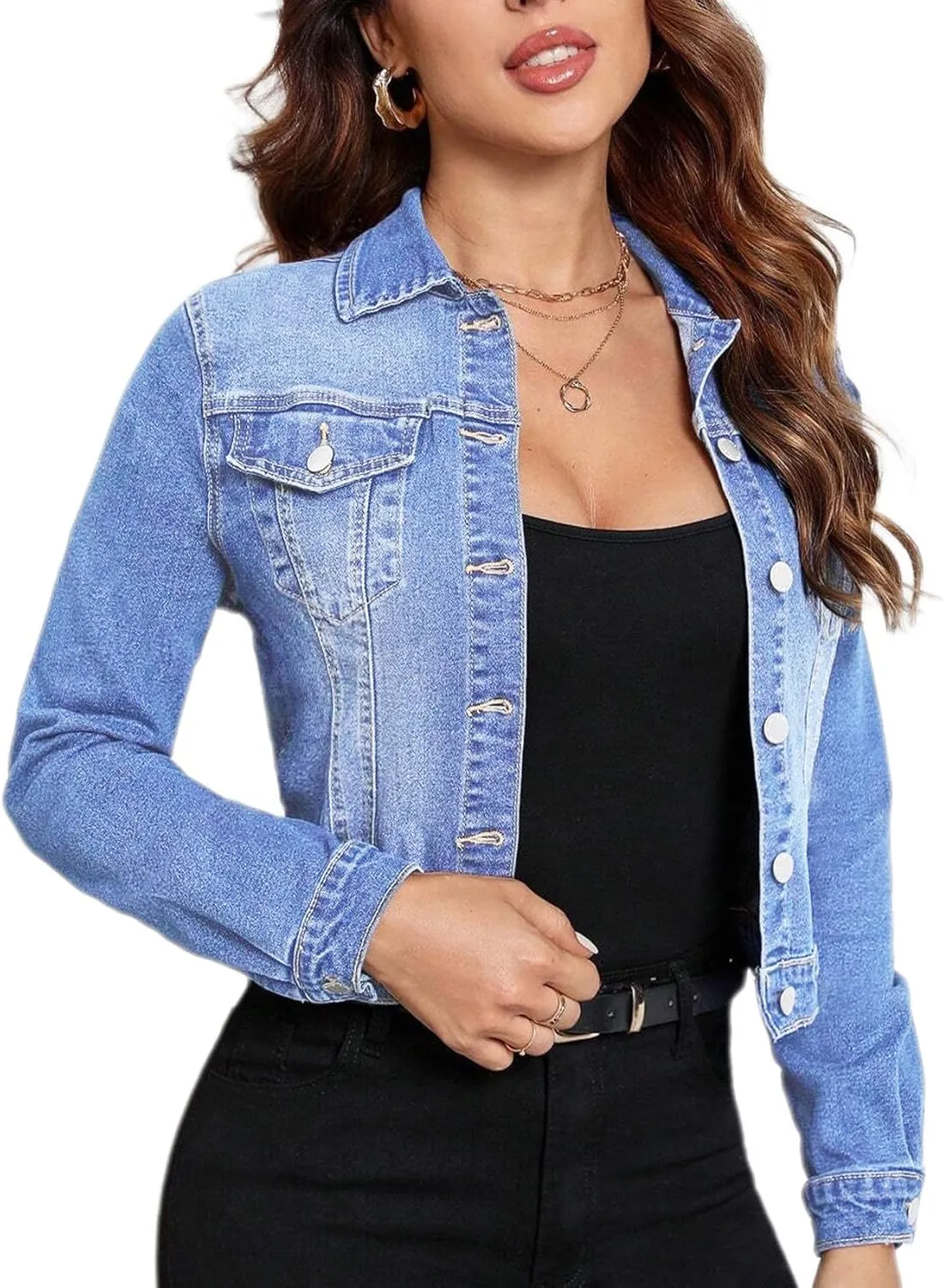 Women Trendy Jean Jacket Stretchy Cropped Denim Jacket Long Sleeve Button Down Denim Coat