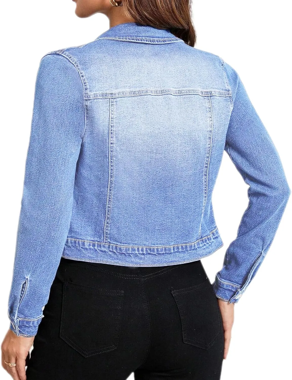 Women Trendy Jean Jacket Stretchy Cropped Denim Jacket Long Sleeve Button Down Denim Coat