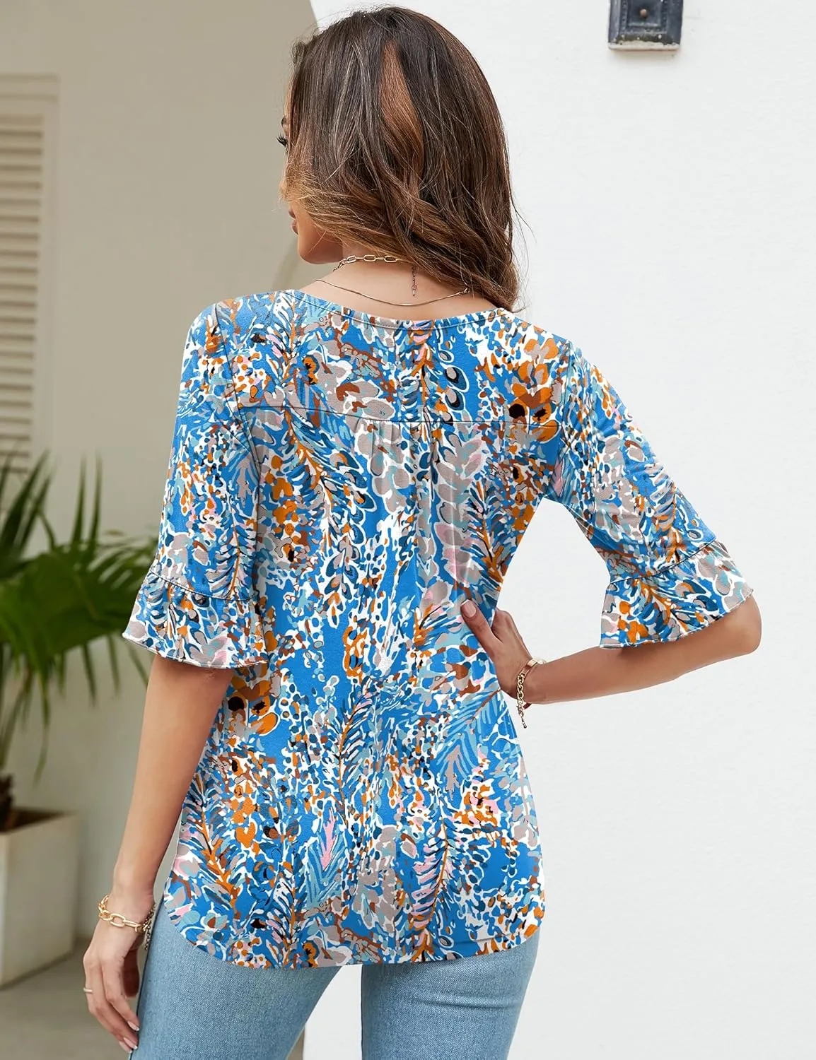 Womens 3/4 Sleeve Shirts Summer Square Neck Bell Sleeve Tops Business Casual Loose Tunic Work Dressy Blouses
