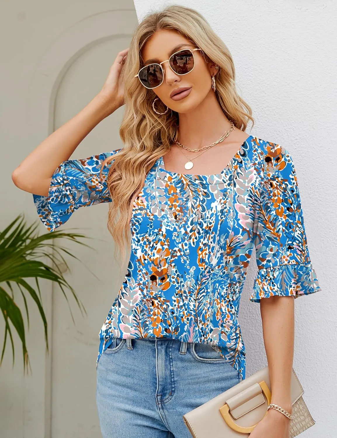 Womens 3/4 Sleeve Shirts Summer Square Neck Bell Sleeve Tops Business Casual Loose Tunic Work Dressy Blouses