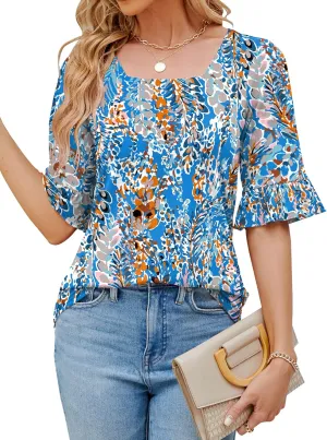 Womens 3/4 Sleeve Shirts Summer Square Neck Bell Sleeve Tops Business Casual Loose Tunic Work Dressy Blouses
