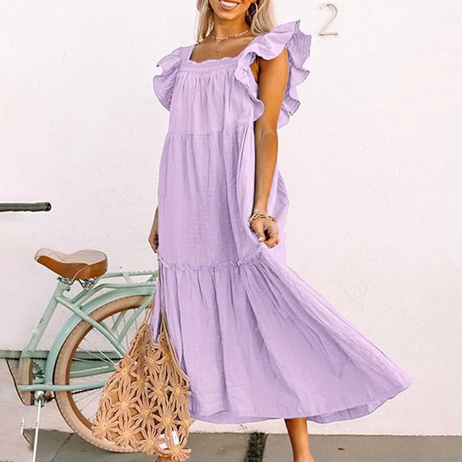 Womens Babydoll Maxi Dress Ruffle Cap Short Sleeve Dresses Tiered Pleated Swing Flowy Long Sundress Summer Outfits