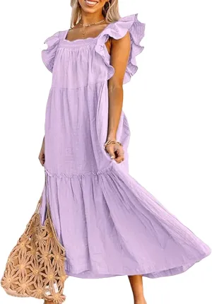 Womens Babydoll Maxi Dress Ruffle Cap Short Sleeve Dresses Tiered Pleated Swing Flowy Long Sundress Summer Outfits