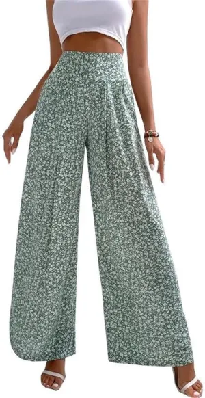 Womens Boho Floral Pants High Waist Palazzo Trousers Lightweight Comfy Loose Fit Wide Leg Lounge Long Pants