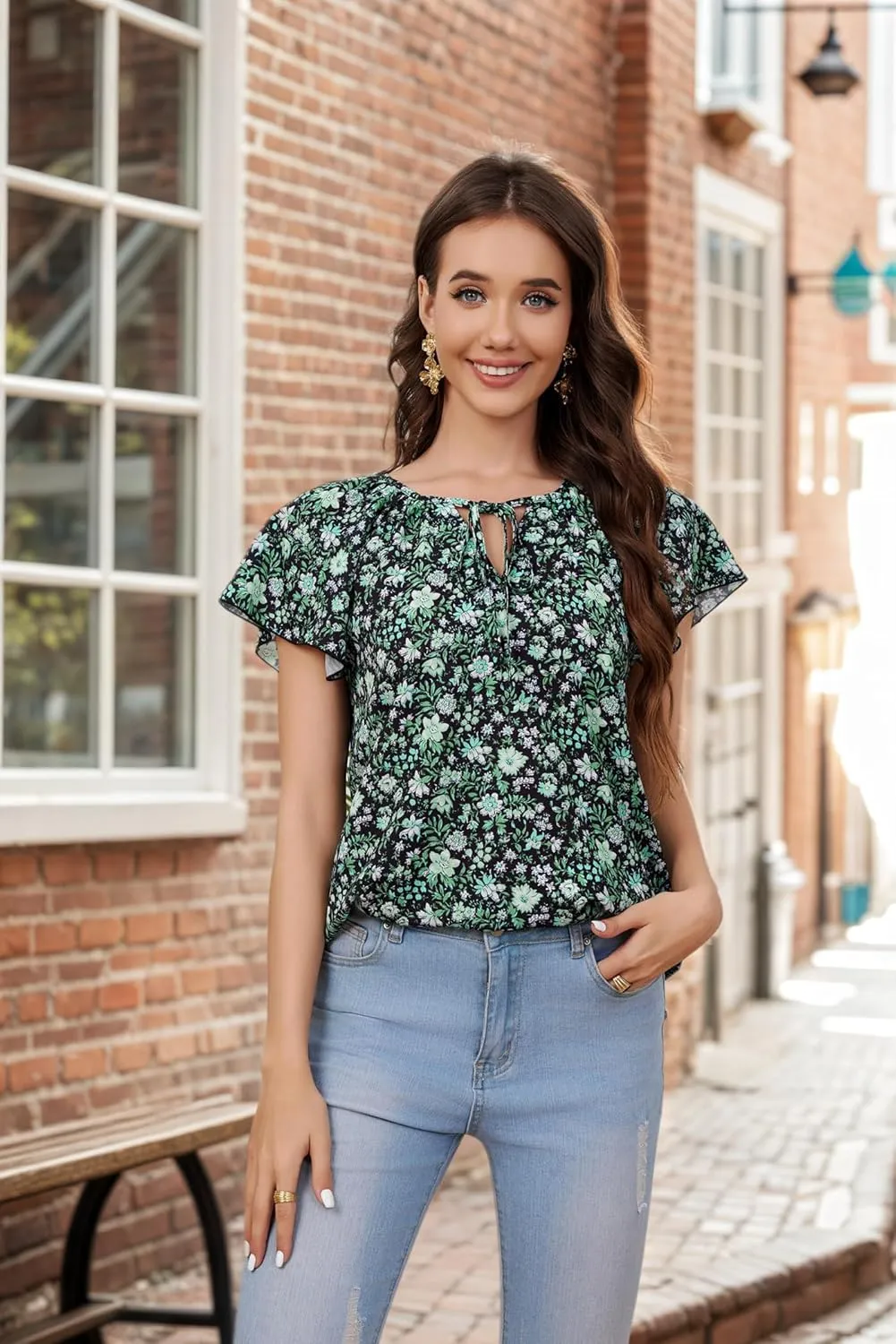 Women's Boho Tops Floral V Neck Blouses Short Sleeve Summer Shirts Dressy Casual Ruffle Tunic Top with Leggings