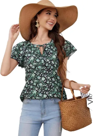 Women's Boho Tops Floral V Neck Blouses Short Sleeve Summer Shirts Dressy Casual Ruffle Tunic Top with Leggings