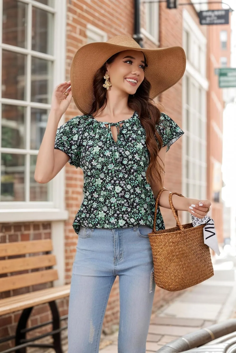 Women's Boho Tops Floral V Neck Blouses Short Sleeve Summer Shirts Dressy Casual Ruffle Tunic Top with Leggings