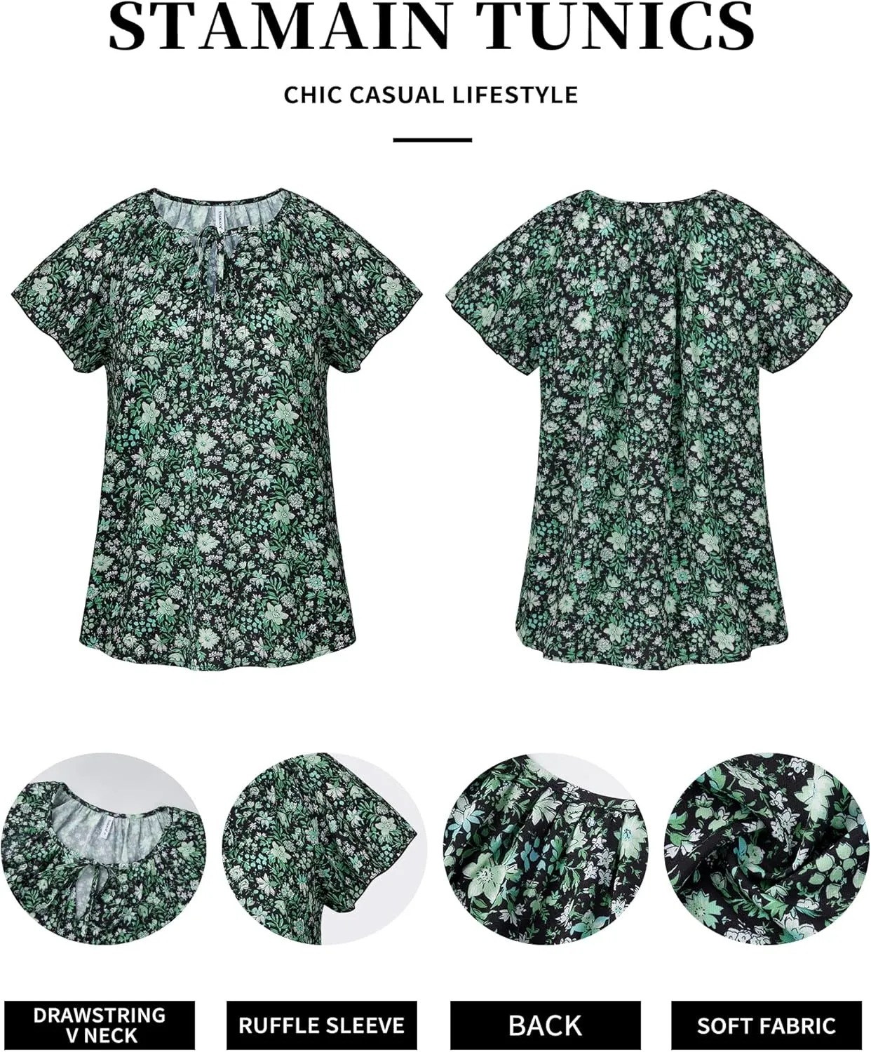 Women's Boho Tops Floral V Neck Blouses Short Sleeve Summer Shirts Dressy Casual Ruffle Tunic Top with Leggings