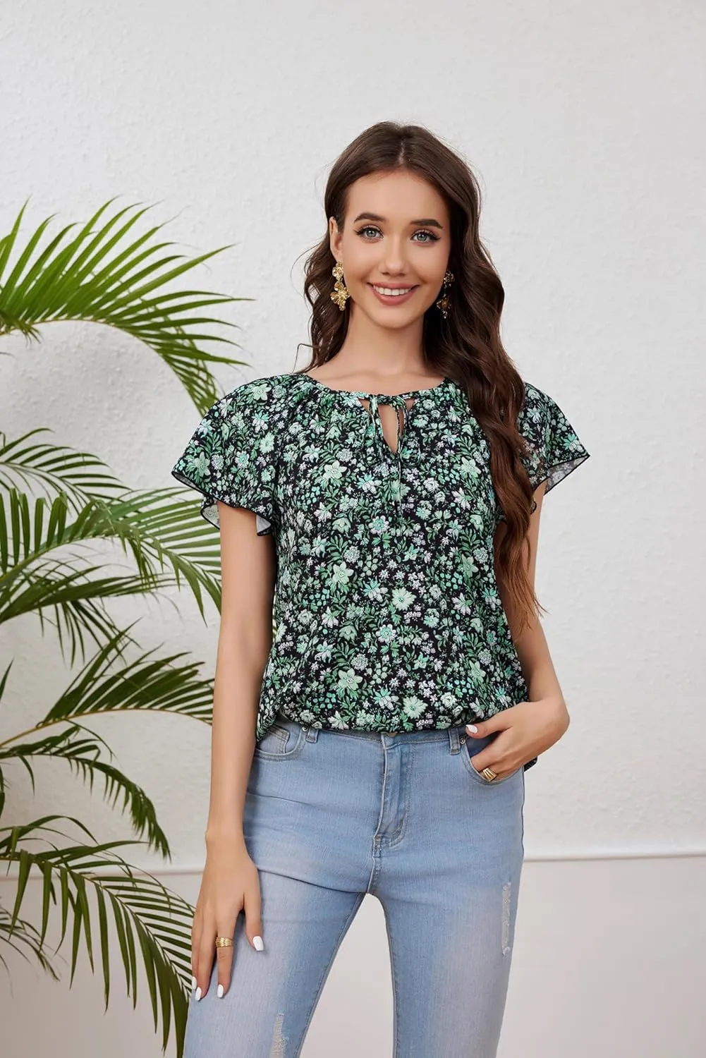 Women's Boho Tops Floral V Neck Blouses Short Sleeve Summer Shirts Dressy Casual Ruffle Tunic Top with Leggings