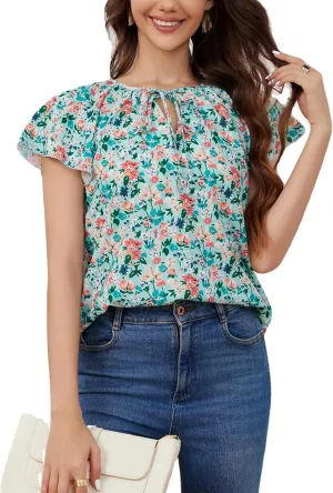 Women's Boho Tops Floral V Neck Blouses Short Sleeve Summer Shirts Dressy Casual Ruffle Tunic Top with Leggings