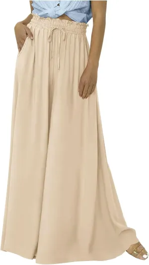 Women's Boho Wide Leg Pants Summer Flowy Casual Beach Floral Printed Palazzo Pants for Women Relaxed Fit Linen Trousers, X-Large, #A5-beige