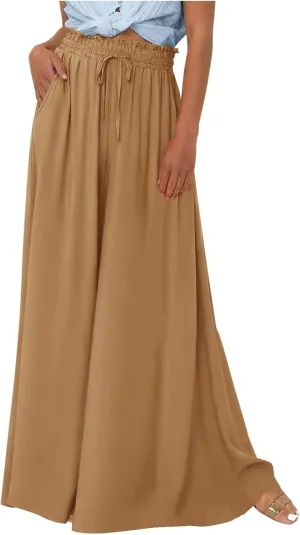 Women's Boho Wide Leg Pants Summer Flowy Casual Beach Floral Printed Palazzo Pants for Women Relaxed Fit Linen Trousers, XX-Large, #A7-brown
