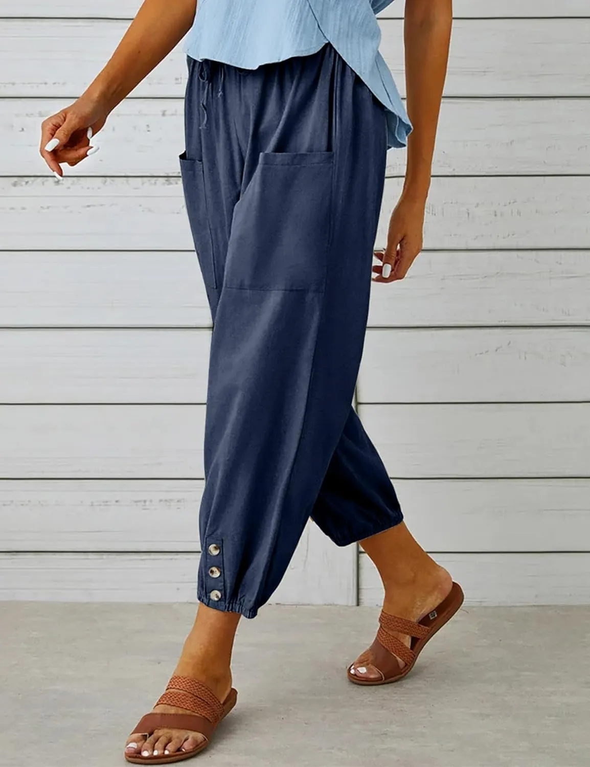 Womens Casual Lantern Harem Capri Pants Loose High Waisted Yoga Lounge Trousers Pants with Pockets