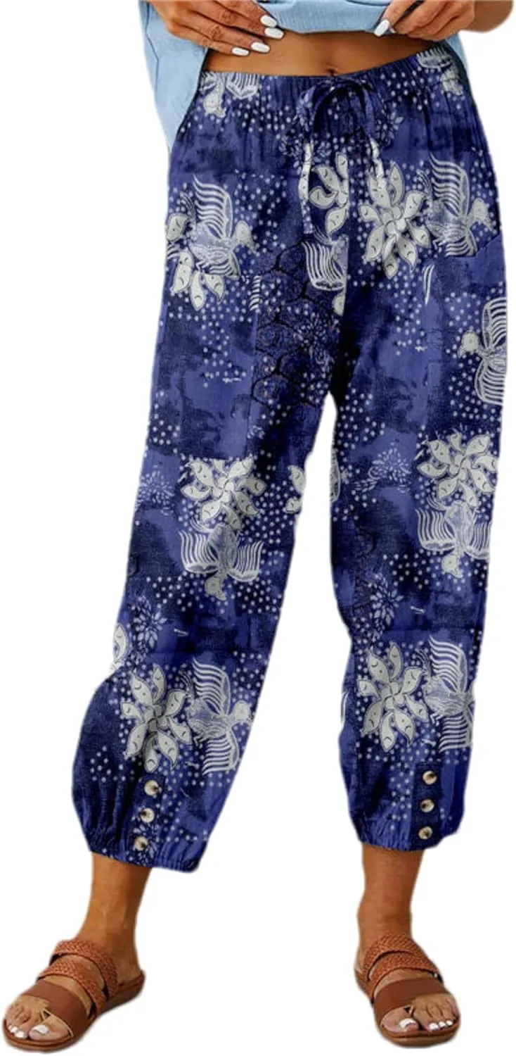 Womens Casual Lantern Harem Capri Pants Loose High Waisted Yoga Lounge Trousers Pants with Pockets
