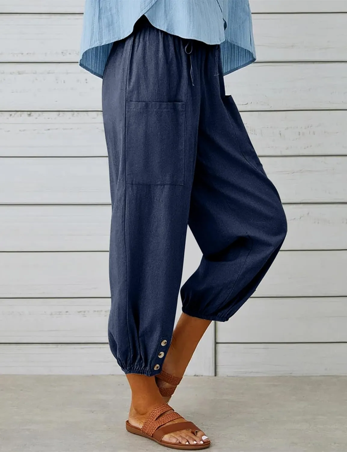 Womens Casual Lantern Harem Capri Pants Loose High Waisted Yoga Lounge Trousers Pants with Pockets