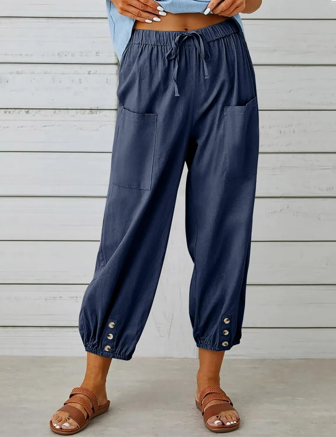 Womens Casual Lantern Harem Capri Pants Loose High Waisted Yoga Lounge Trousers Pants with Pockets