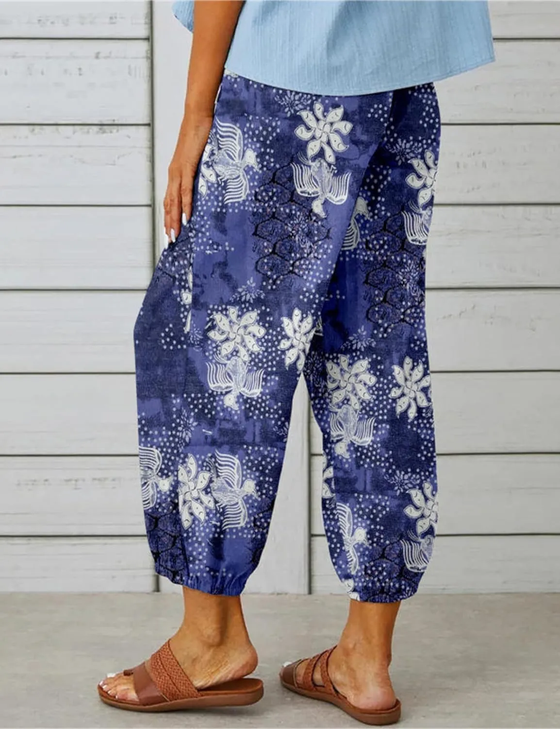 Womens Casual Lantern Harem Capri Pants Loose High Waisted Yoga Lounge Trousers Pants with Pockets