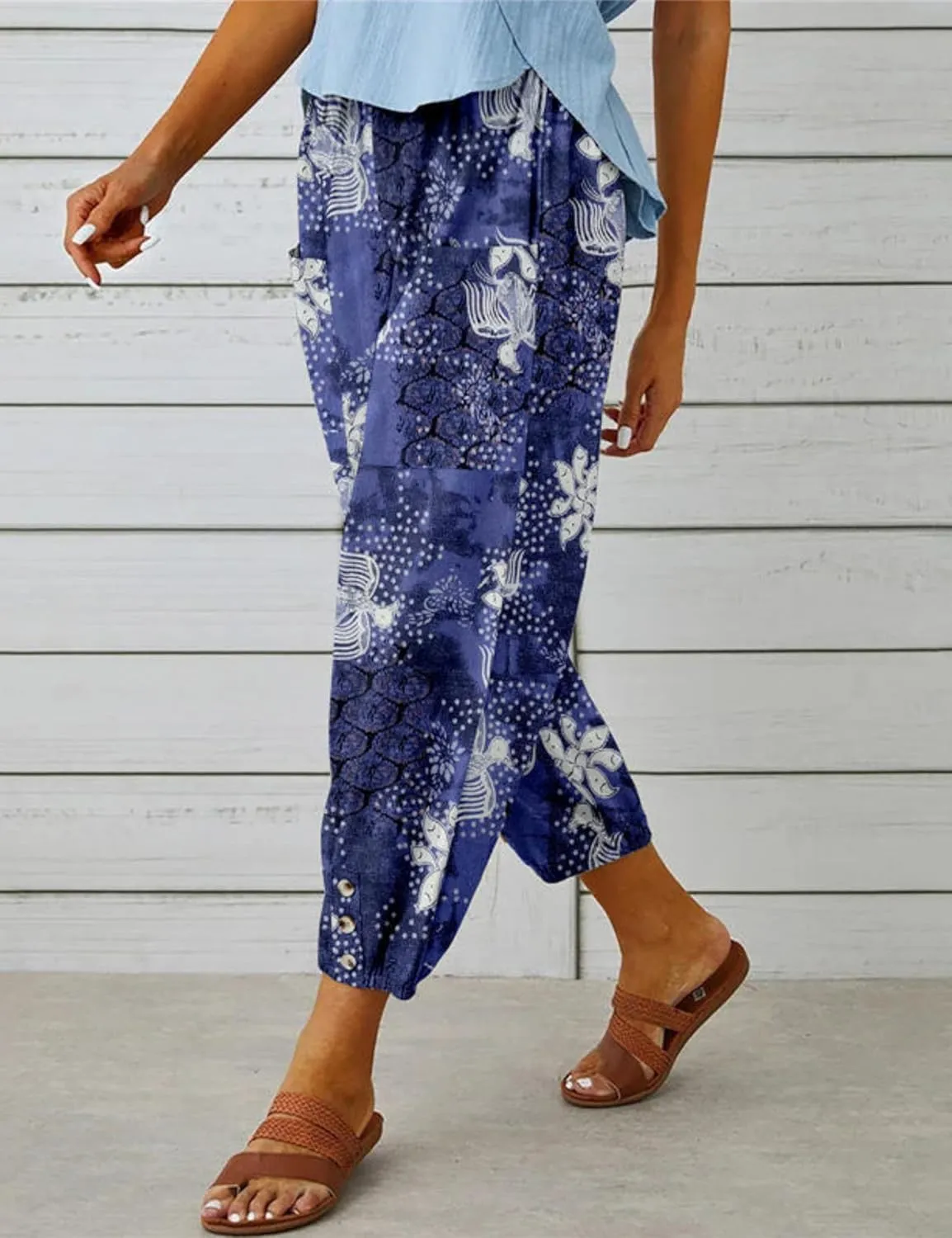 Womens Casual Lantern Harem Capri Pants Loose High Waisted Yoga Lounge Trousers Pants with Pockets