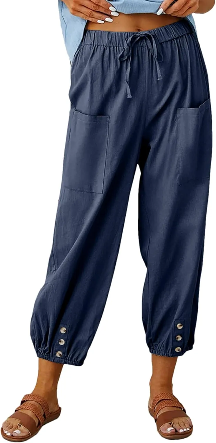 Womens Casual Lantern Harem Capri Pants Loose High Waisted Yoga Lounge Trousers Pants with Pockets