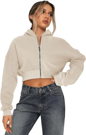 Womens Cropped Zip Up Hoodies Loose Fleece Sweatshirts Casual Hooded Jackets Trendy Y2K Clothes